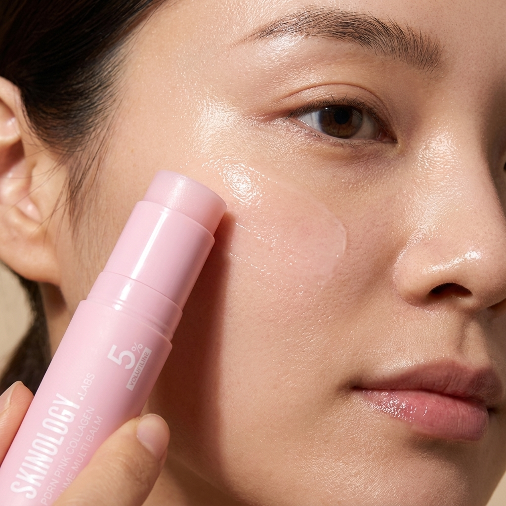 Balm being glided across a cheekbone