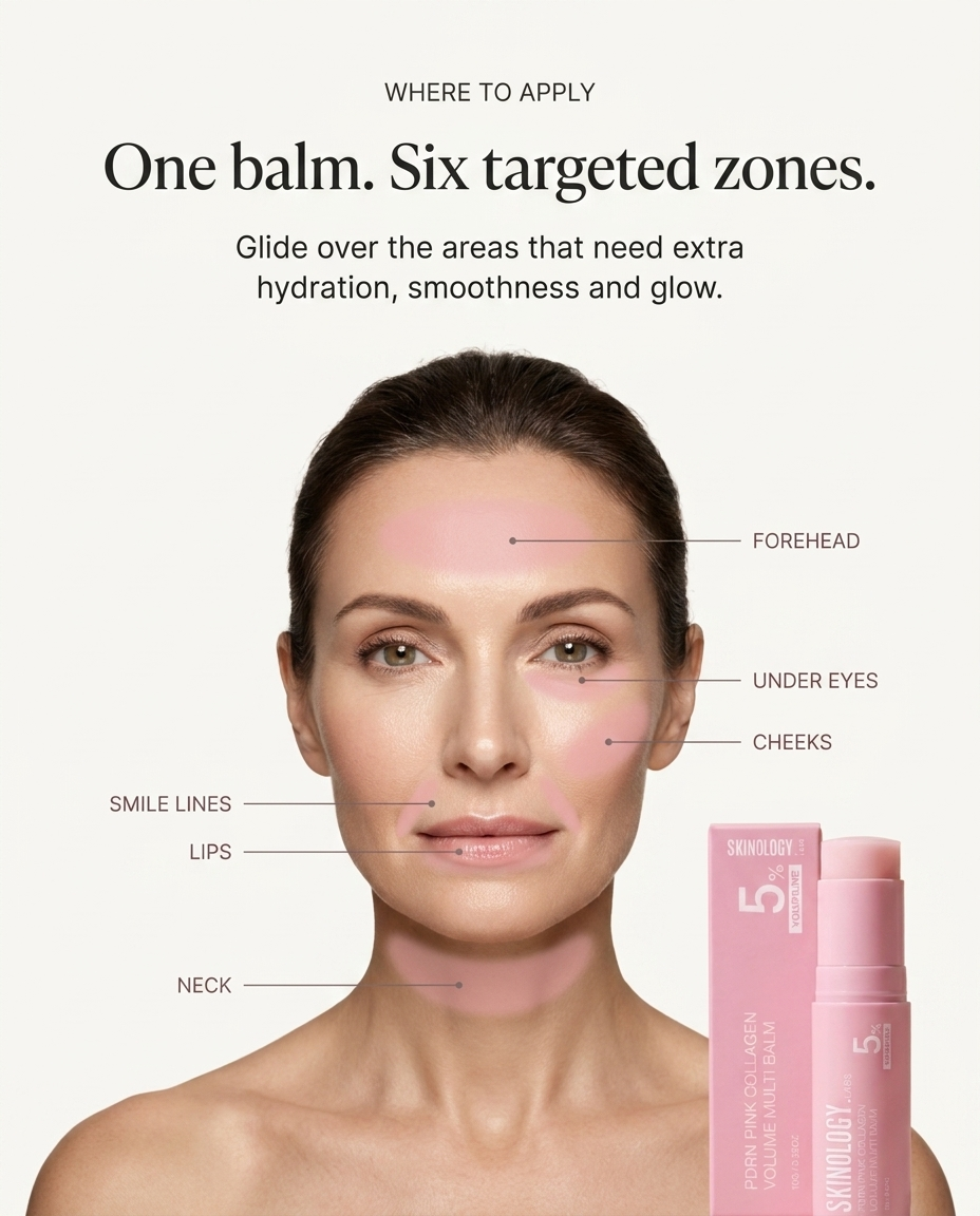 Model face showing the six areas where the multi balm can be applied