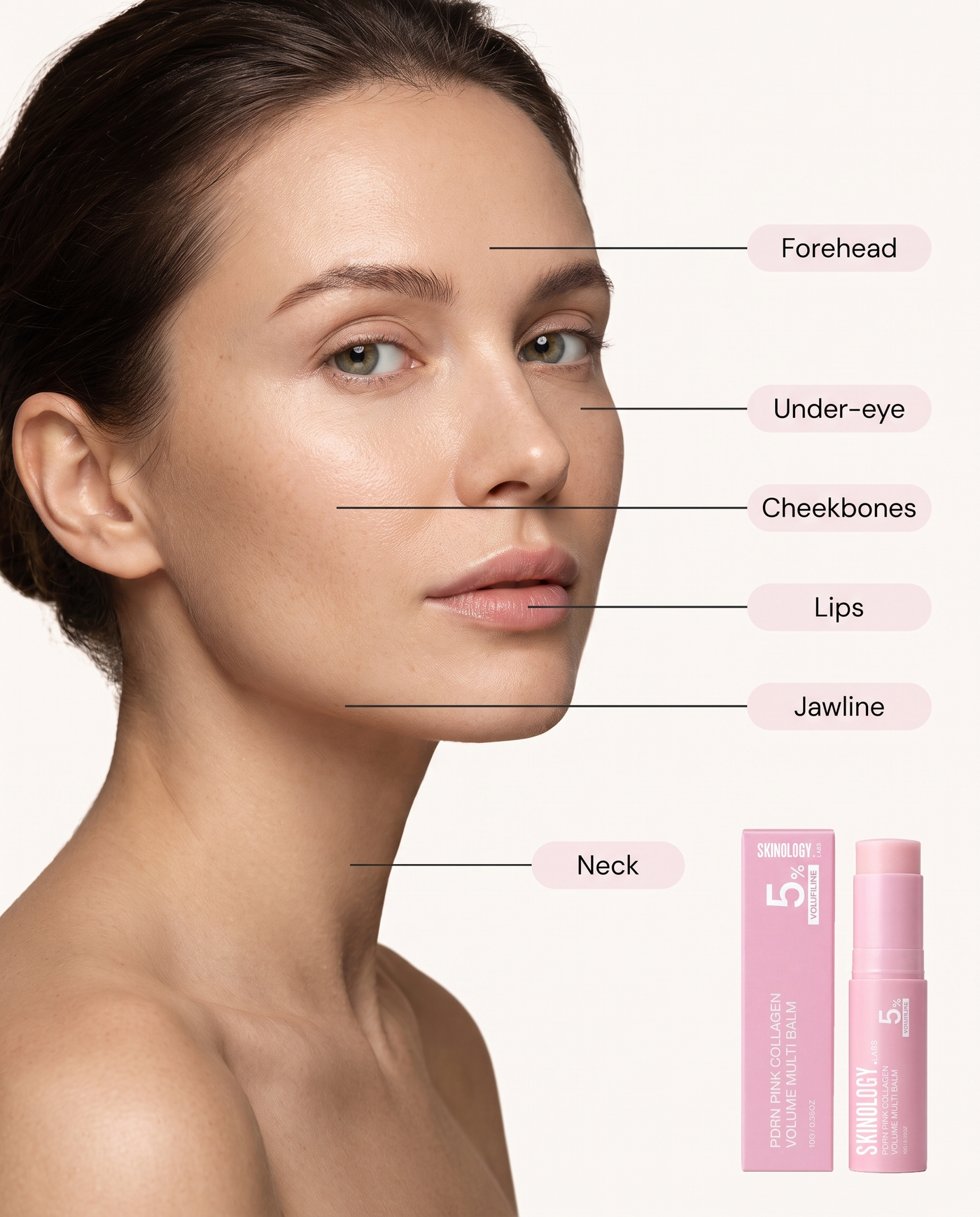 Skinology.Labs PDRN Pink Collagen Volume Multi Balm application zones diagram on model face