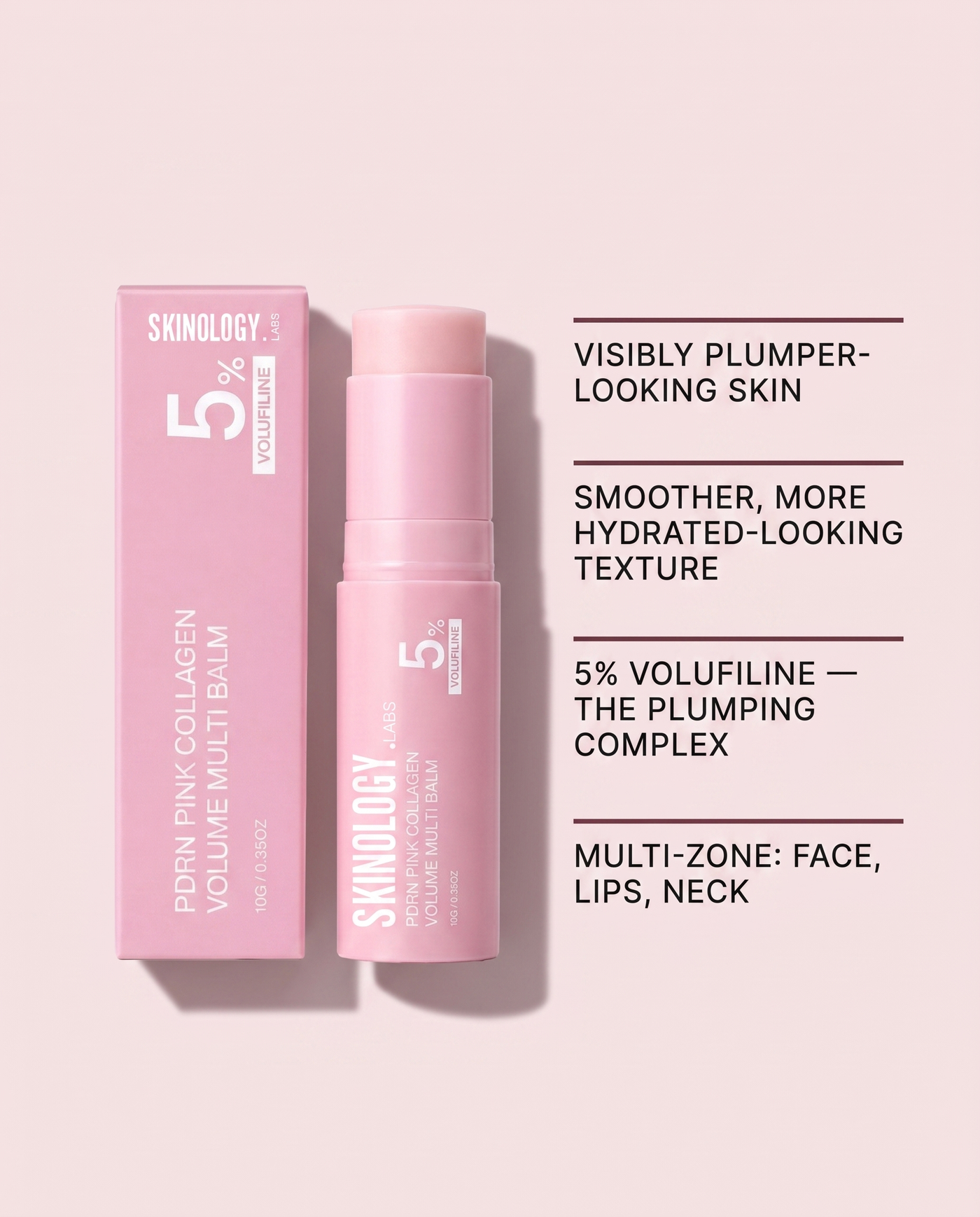 Skinology.Labs PDRN Pink Collagen Volume Multi Balm benefit graphic: plumper-looking skin, 5% Volufiline, multi-zone use