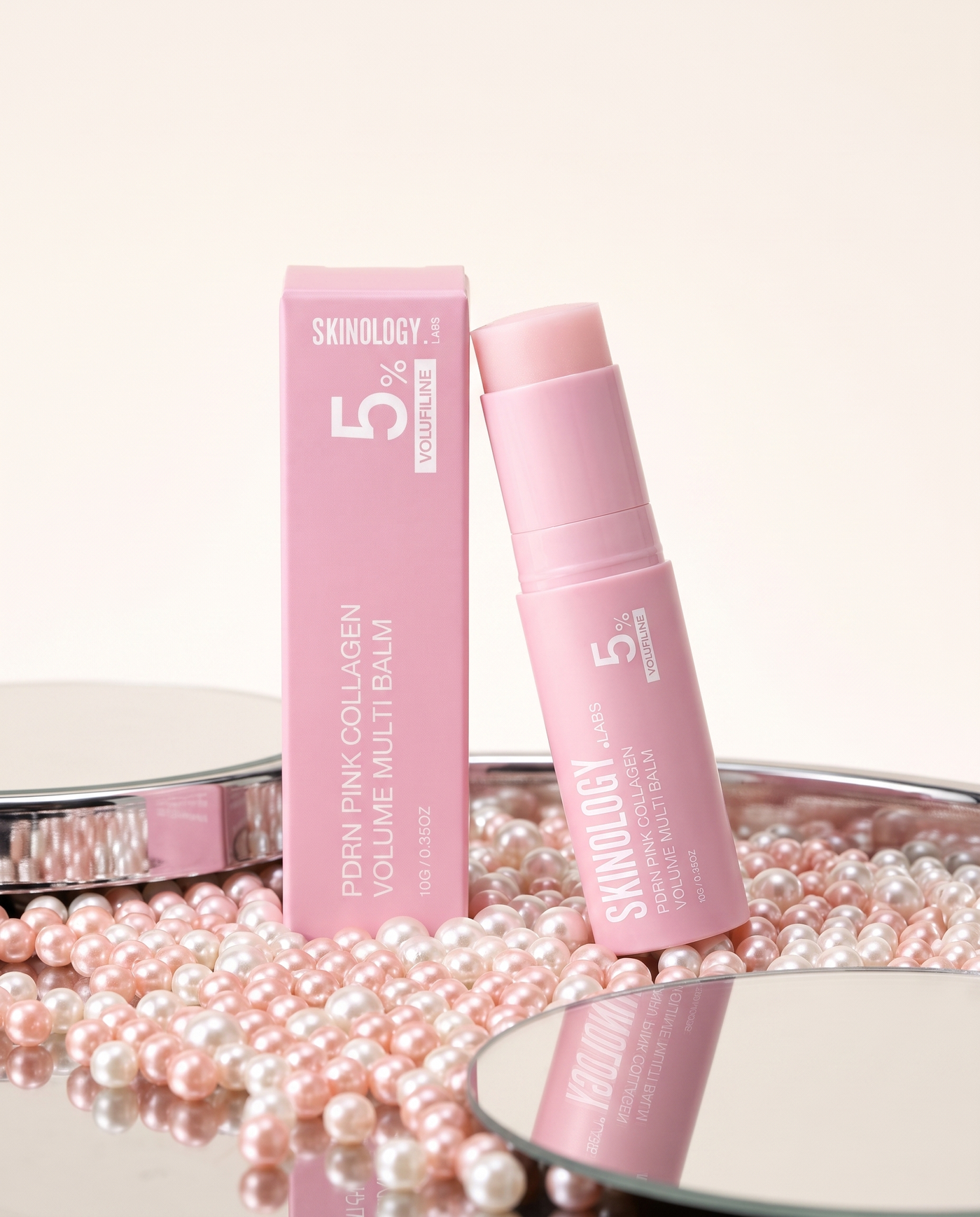 Skinology.Labs PDRN Pink Collagen Volume Multi Balm editorial still life on pearl and chrome