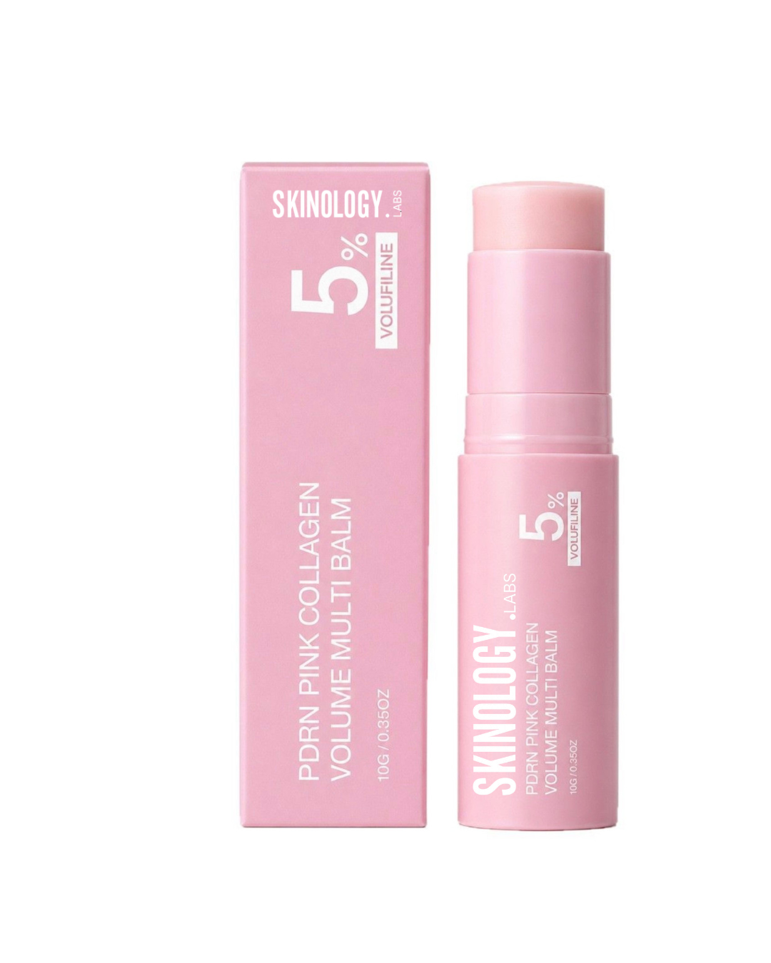Skinology.Labs PDRN Pink Collagen Volume Multi Balm stick beside its blush pink carton, showing the 5% Volufiline callout, 10g