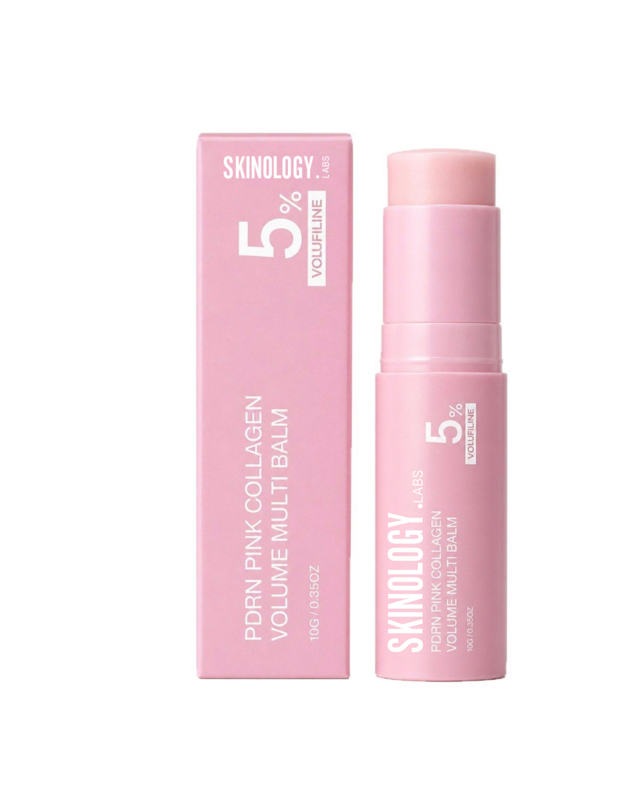 Skinology.Labs PDRN Pink Collagen Volume Multi Balm stick beside its blush pink carton, showing the 5% Volufiline callout, 10g
